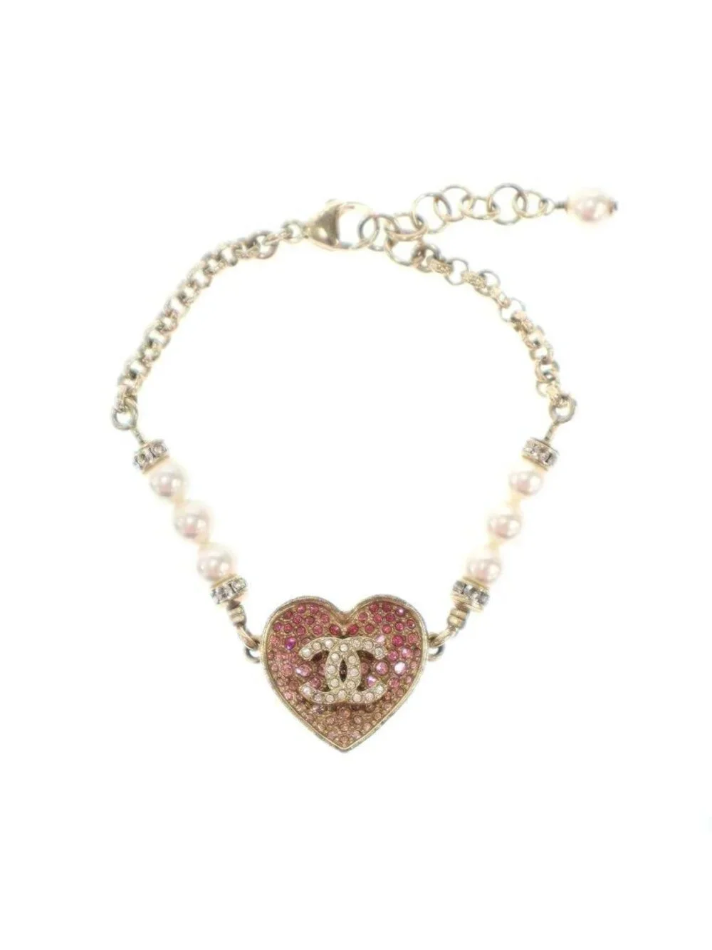 Chanel CC Logo Heart Pearl Bracelet Pink Gold